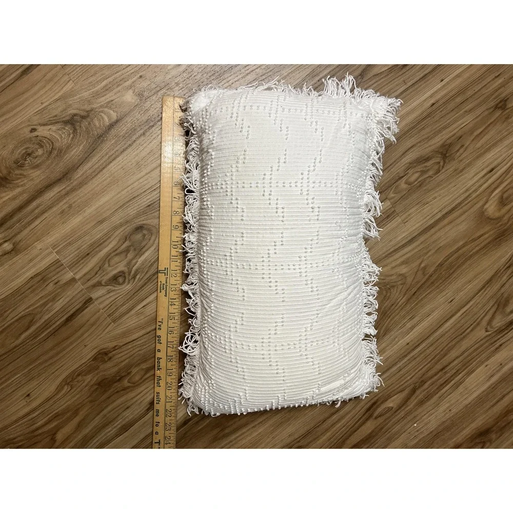 DKNY Throw Pillow White Cotton Textured Lumbar Decorative Fringe Trim 12x22